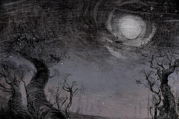Piirretty maisema puista ja kuusta / Drawing of a scenery with trees and a moon