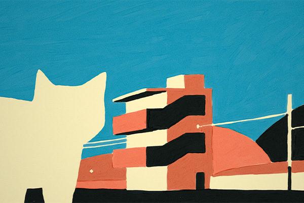 Animaatio kuva kissasta ja rakennuksesta / An animated picture of a cat and a building