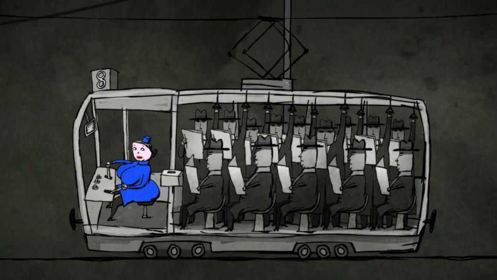 Läpileikkaus animaatiobussista, jota ajaa sinipukuinen naiskuski. Kyydissä mustavalkoisia mieshahmoja, jotka lukevat sanomalehtiä.
