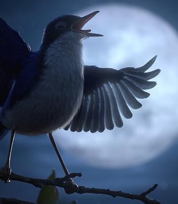 Animaatio. Laulava lintu kuunvalossa.