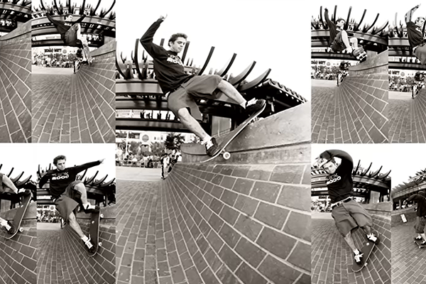 Black and white photo collage of a person skateboarding.