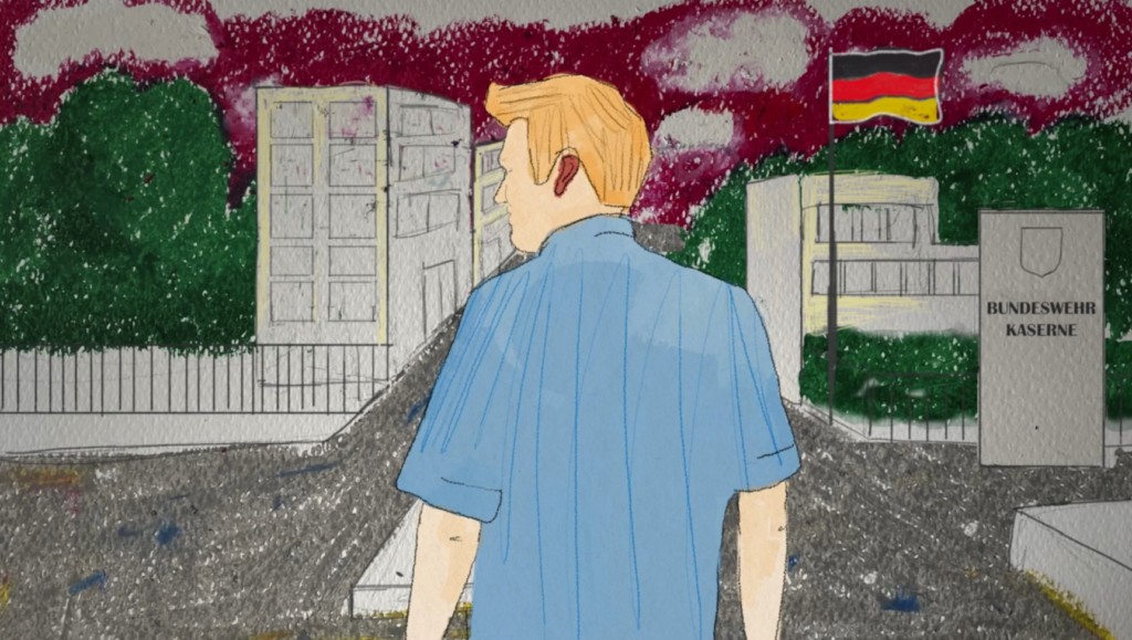 Animaatiokuvassa mies selin kaupunkimaisemassa, Saksan lippu oikealla
