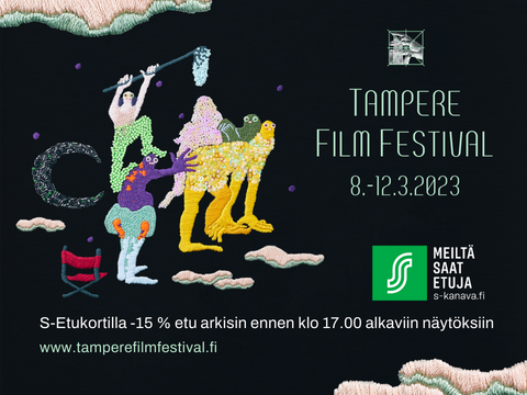 Colourful characters on a black background and text advertising S-Etukortti benefits at Tampere Film Festival.