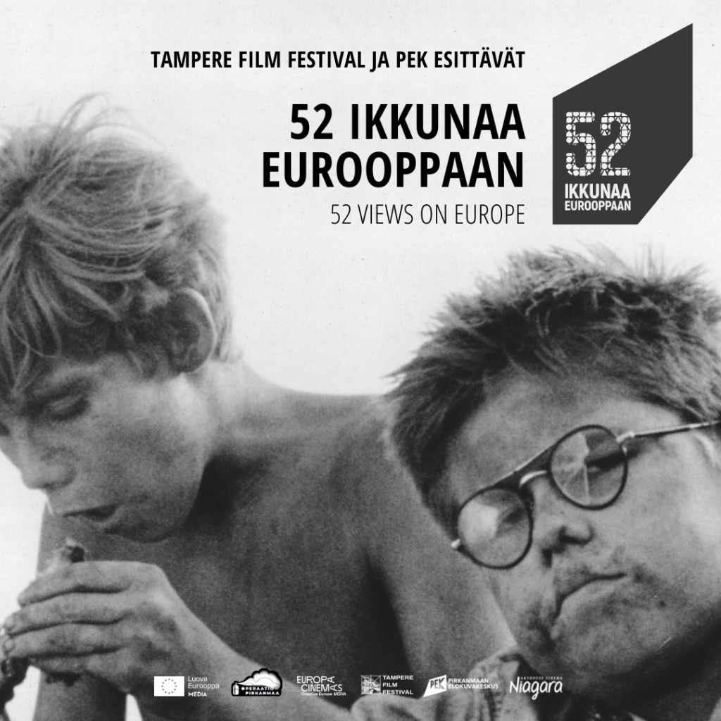 Kaksi likaista pikkupoikaa elokuvasta Kärpästen herra. Tekstinä: Tampere Film Festival ja PEK esittävät: 52 ikkunaa Eurooppaan.