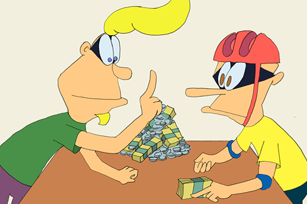 Piirretty kuva, jossa pöydän ääressä on kaksi hahmoa. Toinen viittoo käsillään ja toisella on kypärä päässä. Pöydällä on kasa rahaa.