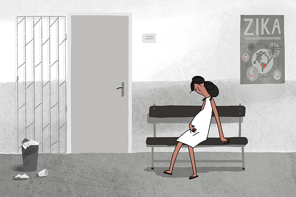 Piirretty kuva, jossa raskaana oleva nainen odottaa apean näköisenä mustavalkoisessa odotushuoneessa. Huoneen seinällä on juliste zika-viruksesta.