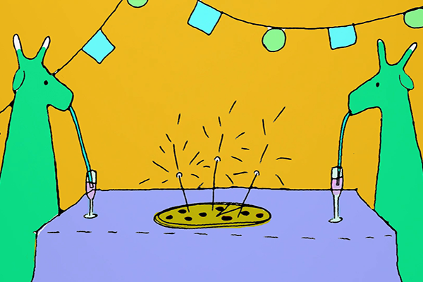 Piirroskuva, jossa kaksi vihreää, kirahvimaista otusta juovat pillillä pöydällä olevista skumppalaseista.