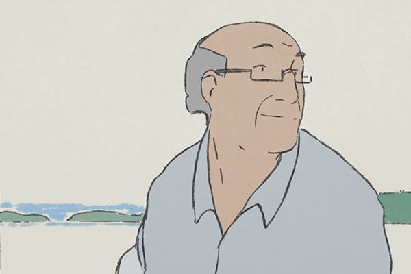 Piirroskuva, jossa vanha mies hymyilee ranta takanaan.