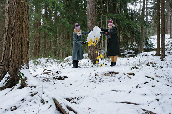 Luminen metsä, jossa kaksi henkilö seisovat ja kaatavat isosta valkoisesta kassista sitruunoita maahan.