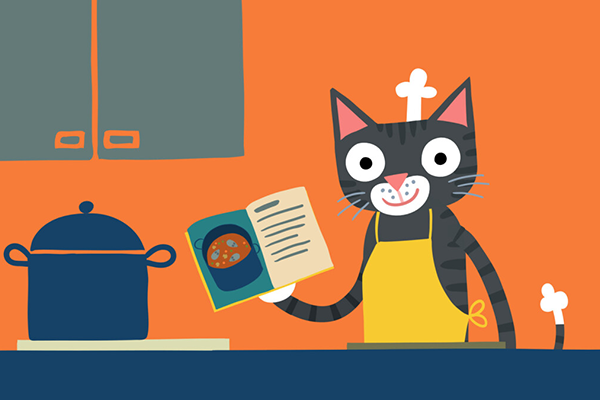 Piirroskuva, jossa kissa hymyilee keittiössä keittokirja kädessään.