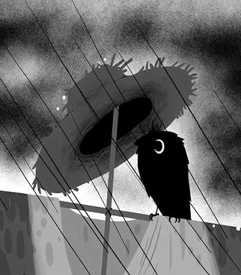 Mustavalkoinen piirroskuva, jossa varis värjöttelee sateessa variksenpelättimen olkihatun alla.