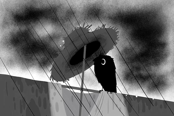 Mustavalkoinen piirroskuva, jossa varis värjöttelee sateessa variksenpelättimen olkihatun alla.