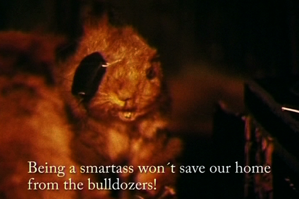 Oravamainen eläin, jolla on iso silmälappu. Kuvassa on tekstitys, jossa lukee: Being a smartass won't save our home from the bulldozers!