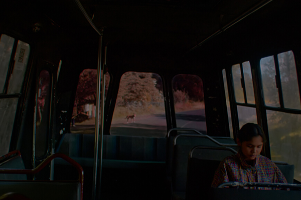 Nainen istumassa yksin bussissa.