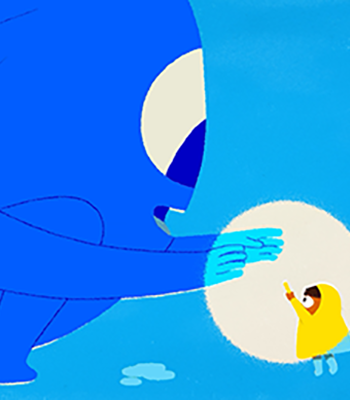 Piirroskuva, jossa keltaiseen pukeutunut lapsi antaa isolle siniselle möykylle kirkkaasti hohtavan lahjan.