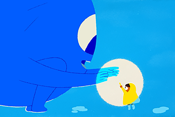Piirroskuva, jossa keltaiseen pukeutunut lapsi antaa isolle siniselle möykylle kirkkaasti hohtavan lahjan.
