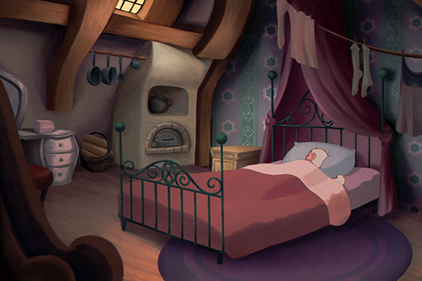 Piirroskuva, jossa hahmo nukkuu satukirjamaisessa huoneessa.