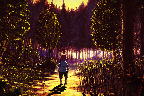 Piirroskuva, jossa lapsi kävelee auringonlaskussa hehkuvaan metsään.
