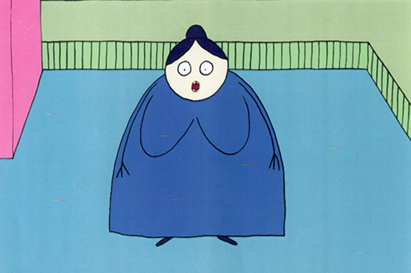 Piirroskuva, jossa iso sinipukuinen nainen tuijottaa suu ja silmät ammollaan eteensä.