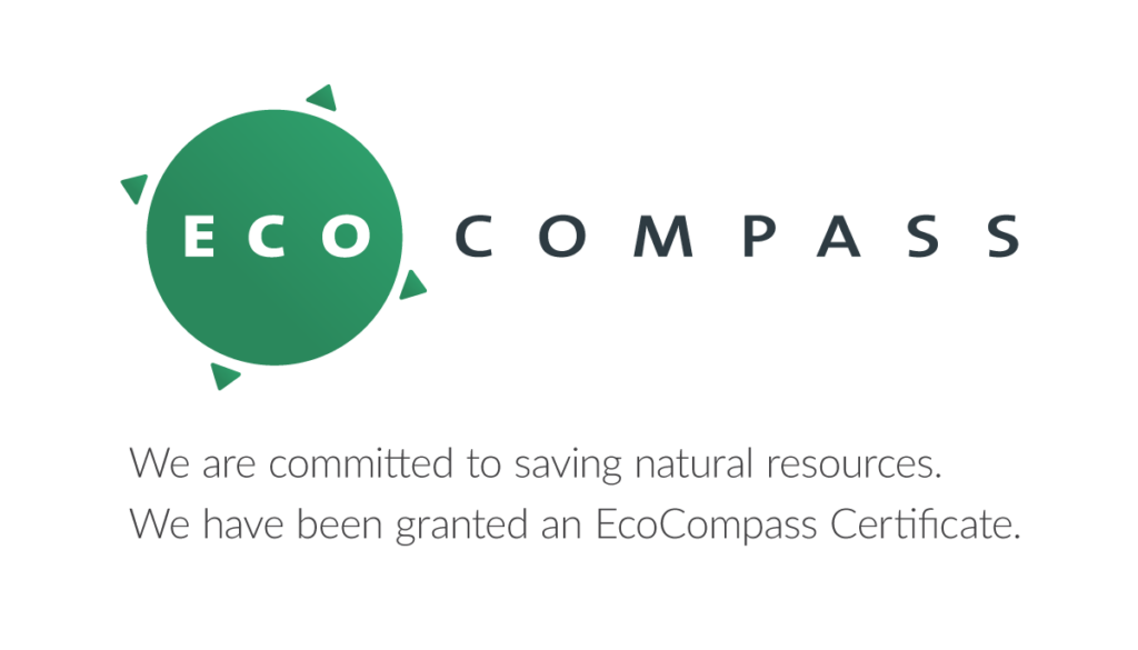 Ecocompass certifiacte with a slogan: We are committed to saving natural resources. We have been granted an EcoCompass Certificate.