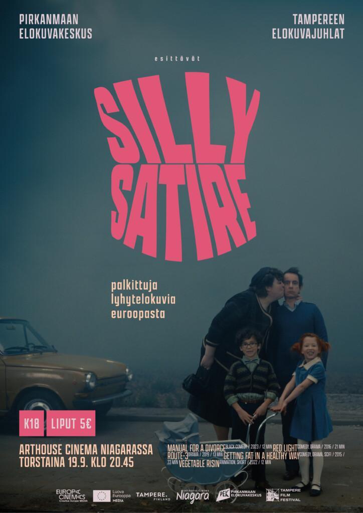 Silly Satire – palkittuja lyhytelokuvia Euroopasta. K18, liput 5 €. Arthouse Cinema Niagarassa torstaina 19.9. klo 20:45. Taustakuvassa nainen suutelee miestä poskelle. Edessä seisoo kaksi lasta hymyillen lastenvaunujen kanssa. Vieressä vasemmalla kellertävä auto.