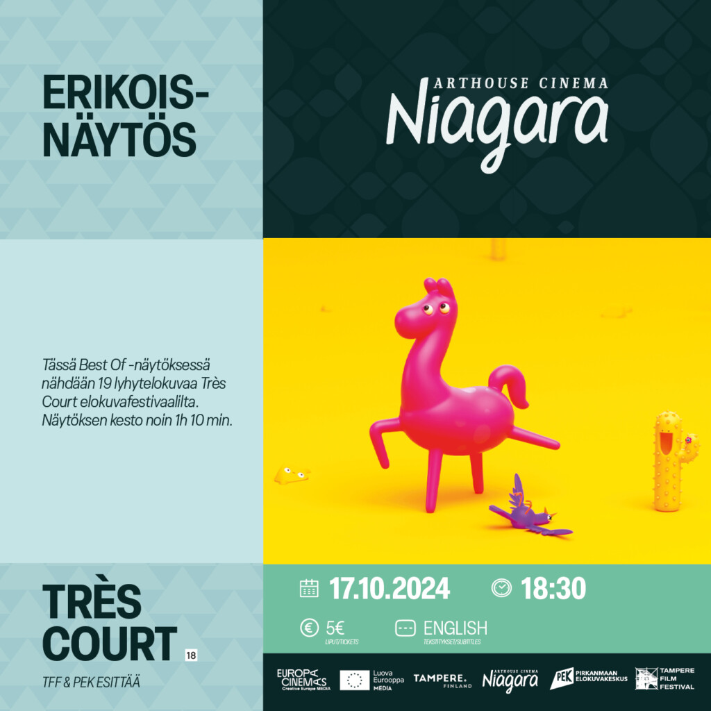 Erikoisnäytös: Très Court. 17.10.2024 klo 18.30. 5 €, Tekstitykset englanniksi. Tässä Best Of -näytöksessä nähdään 19 lyhytelokuvaa Très Court -elokuvafestivaalilta. Näytöksen kesto noin 1h 10 min. Kuvassa animoitu pinkki hevonen.