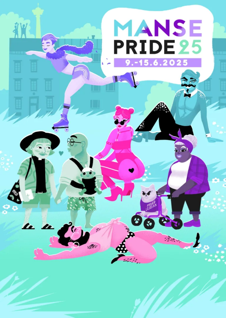 Manse Pride 25: 9.–15.6.2025. Tapahtuman juliste, jossa erilaisia piirrettyjä hahmoja.